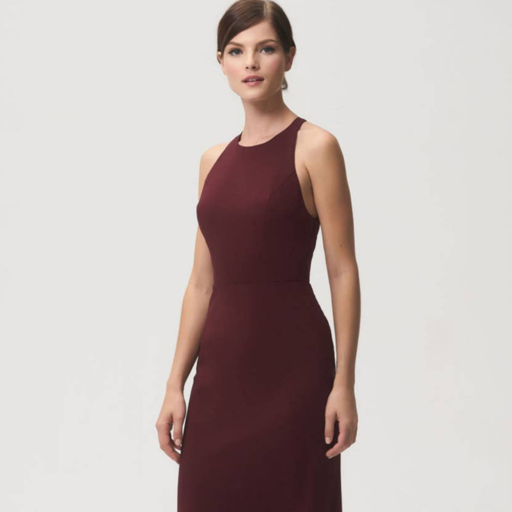 Jenny Yoo Midi Dress 10 Burgundy Hibiscus A-Line Sleeveless Formal Cocktail